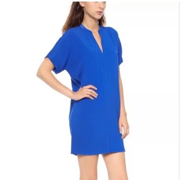 VINCE Cobalt Blue Silk Split Neck Tunic Dress Crepe Oversized Size Medium Womens - Picture 1 of 6